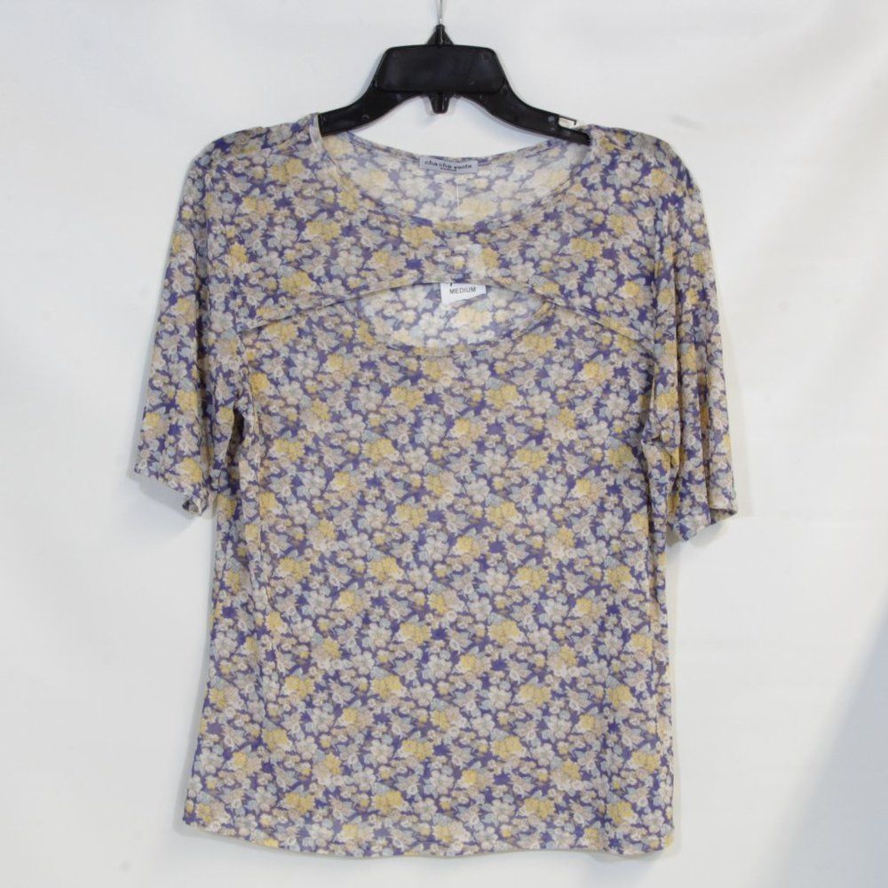 Cha Cha Venti Womens' Blue Floral Open Chest Short Sleeve Blouse NWT Size Medium